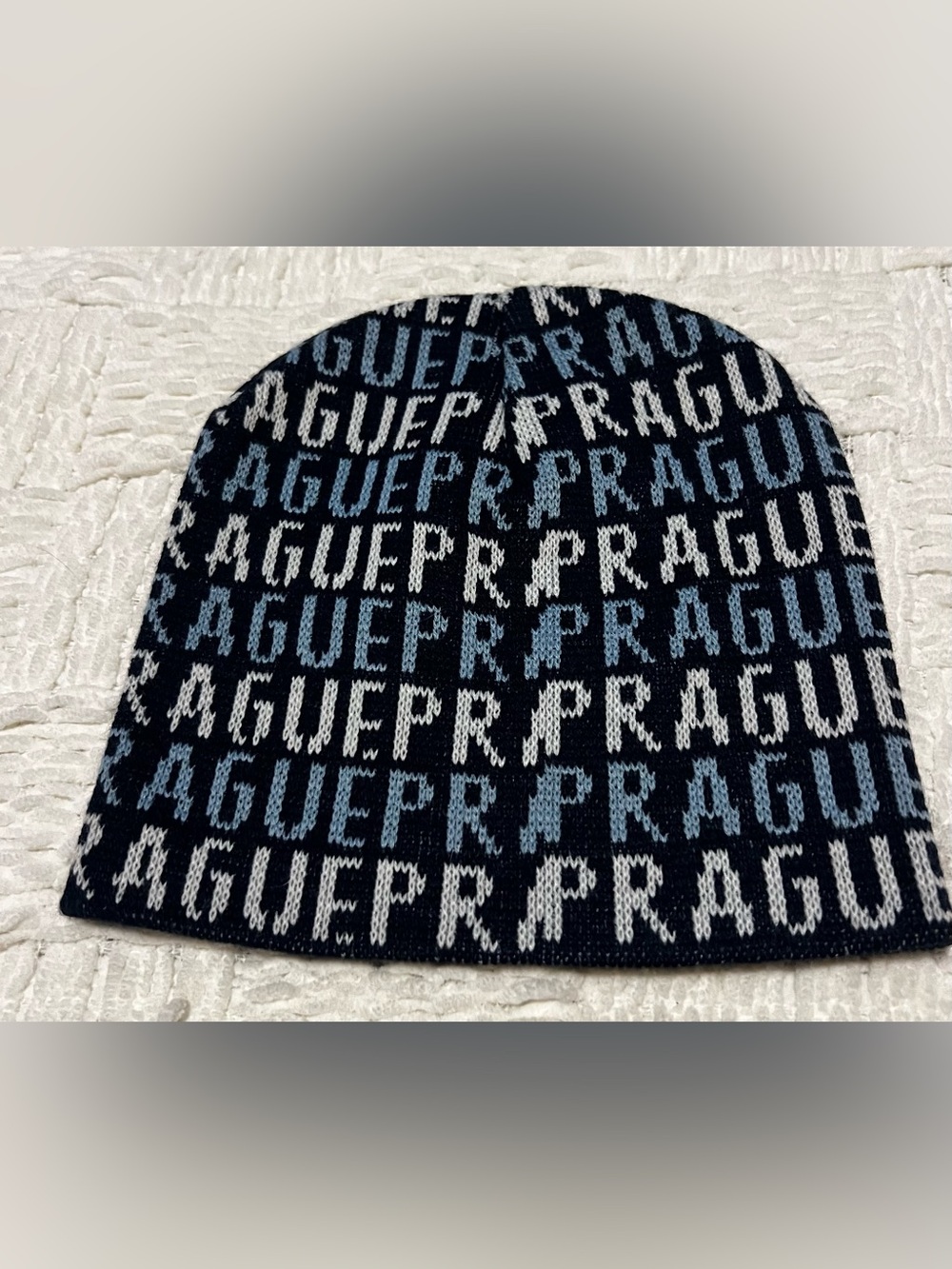 Prague Logo Knit Beanie - Navy, Light Blue & White
